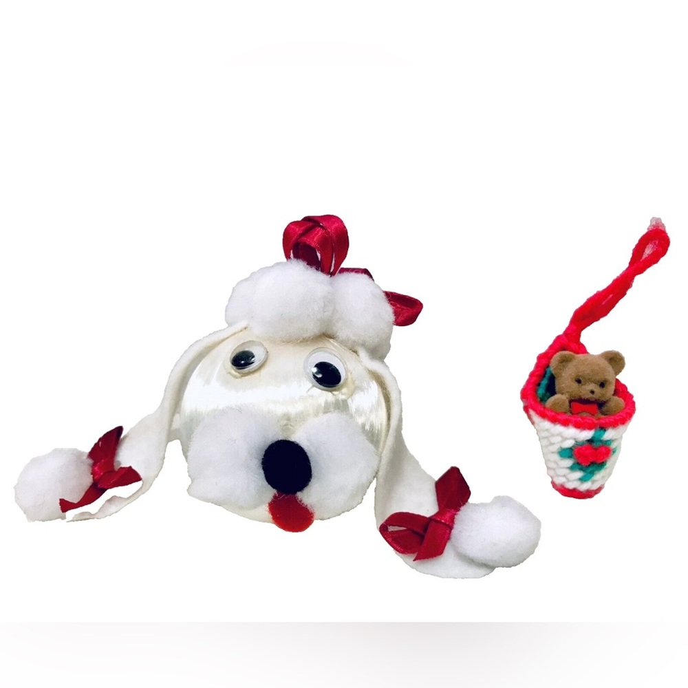 Vintage 1970's Handmade Poodle & Flocked Teddy Bear Set Of 2 Christmas Ornaments